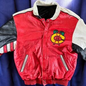 Vintage 90s Jeff Hamilton Chicago Blackhawks Reversible Leather Satin‎ Jacket L